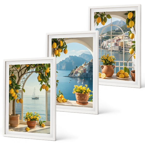 Juego de 3 cuadros Limones de la ciudad costera flores