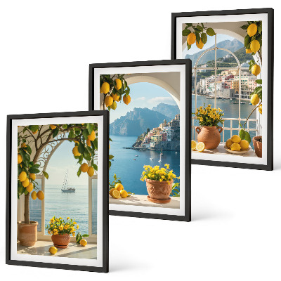 Juego de 3 cuadros Limones de la ciudad costera flores