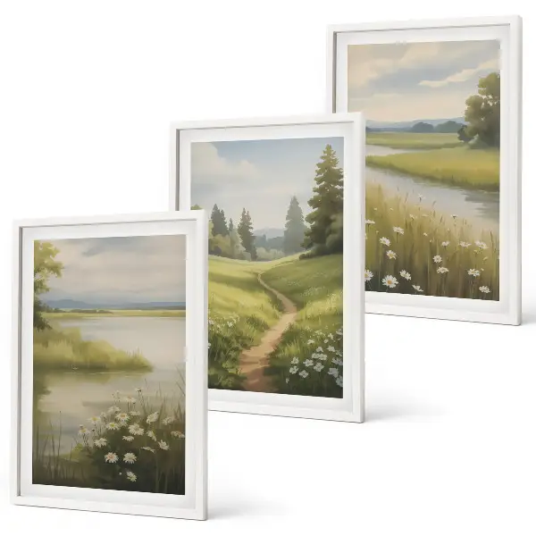 Set de 3 cuadros para salón con paisaje primaveral de pradera ribereña