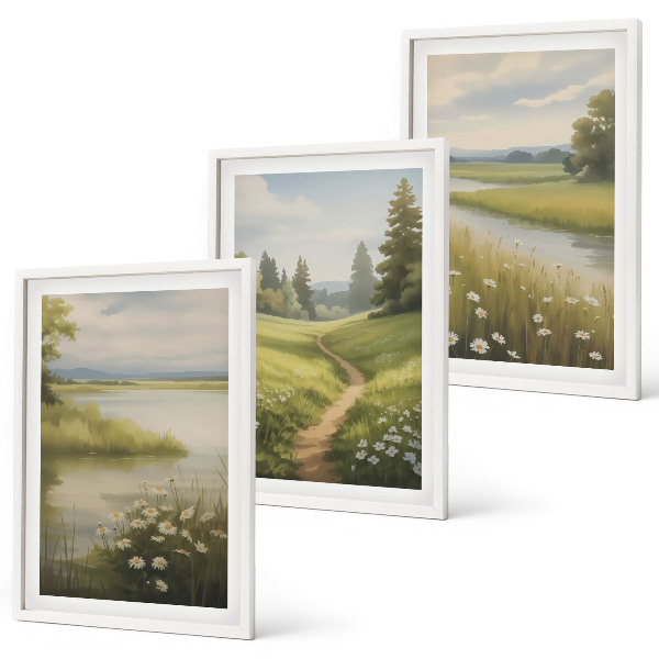 Set de 3 cuadros para salón Paisaje primaveral de pradera ribereña