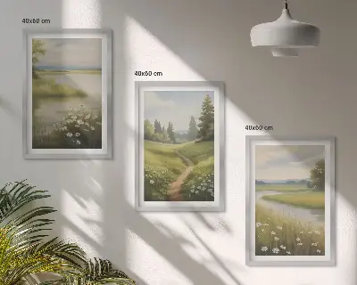 Set de 3 cuadros para salón con paisaje primaveral de pradera ribereña