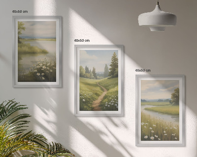 Set de 3 cuadros para salón Paisaje primaveral de pradera ribereña