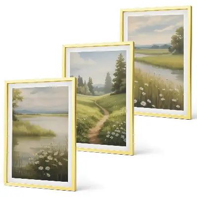 Set de 3 cuadros para salón con paisaje primaveral de pradera ribereña
