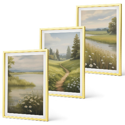 Set de 3 cuadros para salón Paisaje primaveral de pradera ribereña