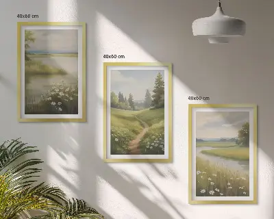 Set de 3 cuadros para salón con paisaje primaveral de pradera ribereña