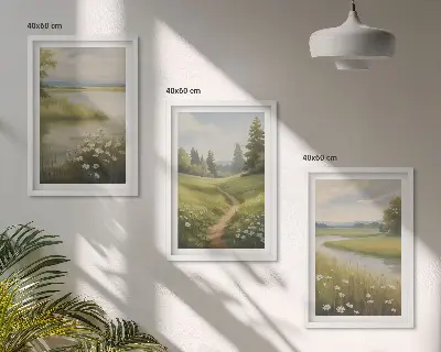 Set de 3 cuadros para salón con paisaje primaveral de pradera ribereña