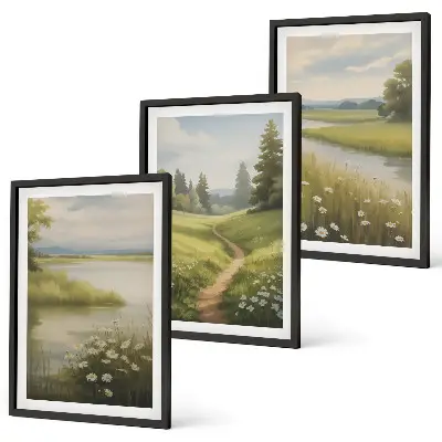 Set de 3 cuadros para salón con paisaje primaveral de pradera ribereña