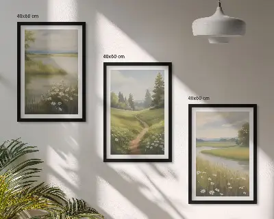 Set de 3 cuadros para salón con paisaje primaveral de pradera ribereña