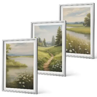Set de 3 cuadros para salón con paisaje primaveral de pradera ribereña