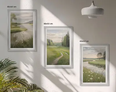 Juego de 3 cuadros paisajes de verano con río y prado de flores