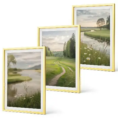 Juego de 3 cuadros paisajes de verano con río y prado de flores