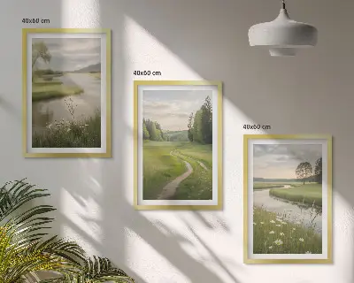 Juego de 3 cuadros paisajes de verano con río y prado de flores