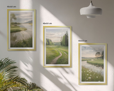 Juego de 3 cuadros Paisajes de verano, río, prado de flores