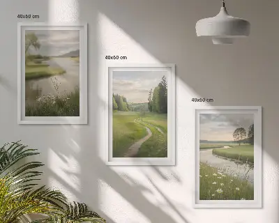 Juego de 3 cuadros paisajes de verano con río y prado de flores