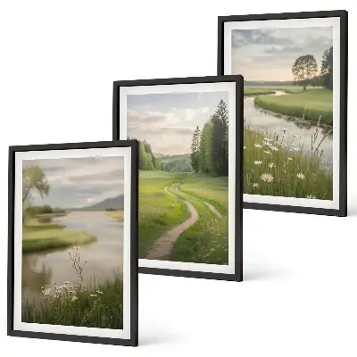Juego de 3 cuadros paisajes de verano con río y prado de flores