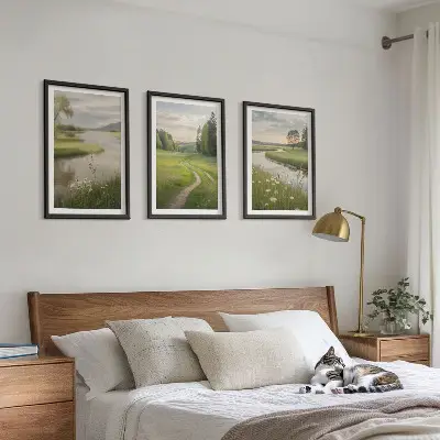 Juego de 3 cuadros paisajes de verano con río y prado de flores