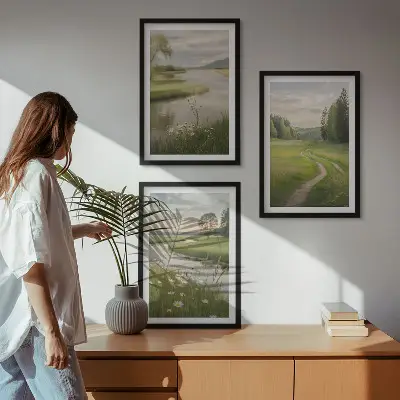 Juego de 3 cuadros paisajes de verano con río y prado de flores