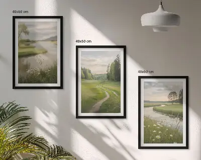 Juego de 3 cuadros paisajes de verano con río y prado de flores