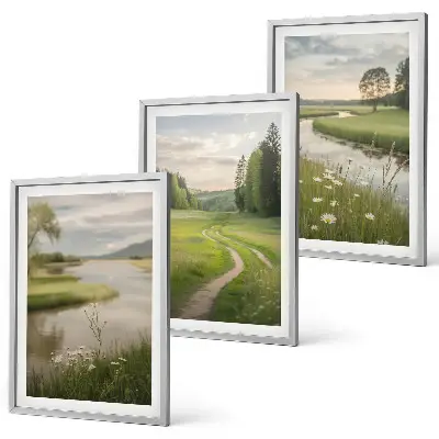 Juego de 3 cuadros paisajes de verano con río y prado de flores