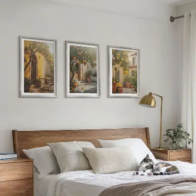 Set de 3 cuadros para salón con diseño de macetas de cítricos para patio soleado