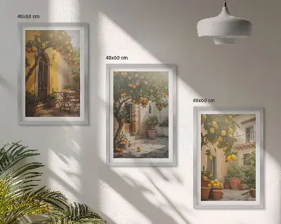 Set de 3 cuadros para salón con diseño de macetas de cítricos para patio soleado