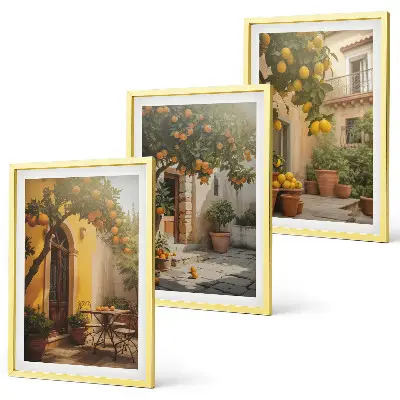 Set de 3 cuadros para salón con diseño de macetas de cítricos para patio soleado