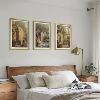 Set de 3 cuadros para salón con diseño de macetas de cítricos para patio soleado