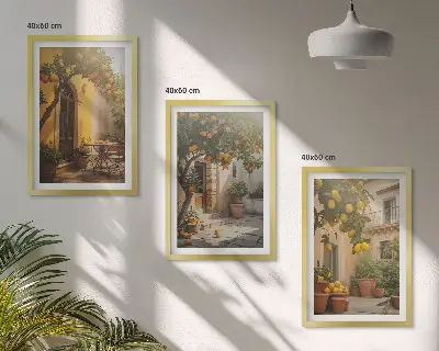 Set de 3 cuadros para salón con diseño de macetas de cítricos para patio soleado