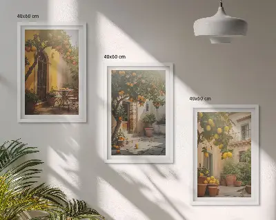 Set de 3 cuadros para salón con diseño de macetas de cítricos para patio soleado