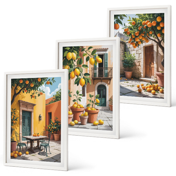 Set de 3 cuadros para salón Frutas cítricas en el jardín
