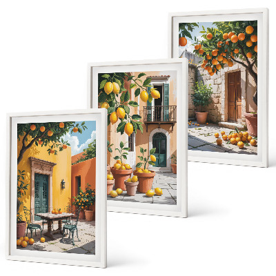 Set de 3 cuadros para salón Frutas cítricas en el jardín