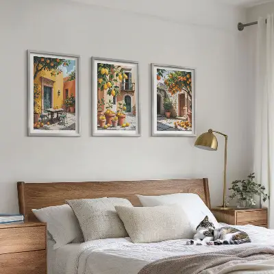 Set de 3 cuadros para salón con diseño de frutas cítricas en el jardín