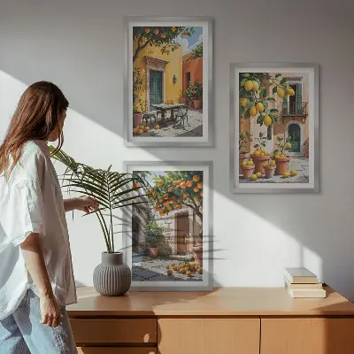 Set de 3 cuadros para salón con diseño de frutas cítricas en el jardín
