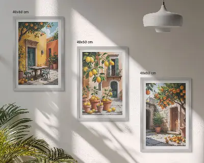 Set de 3 cuadros para salón con diseño de frutas cítricas en el jardín