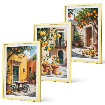 Set de 3 cuadros para salón con diseño de frutas cítricas en el jardín