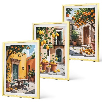 Set de 3 cuadros para salón Frutas cítricas en el jardín