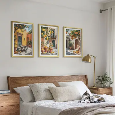Set de 3 cuadros para salón con diseño de frutas cítricas en el jardín