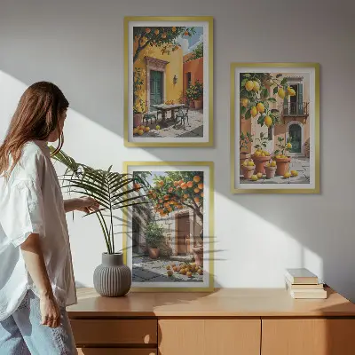 Set de 3 cuadros para salón con diseño de frutas cítricas en el jardín