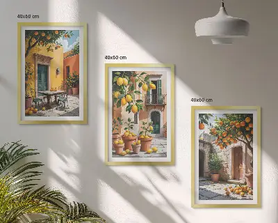 Set de 3 cuadros para salón con diseño de frutas cítricas en el jardín