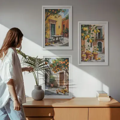 Set de 3 cuadros para salón con diseño de frutas cítricas en el jardín