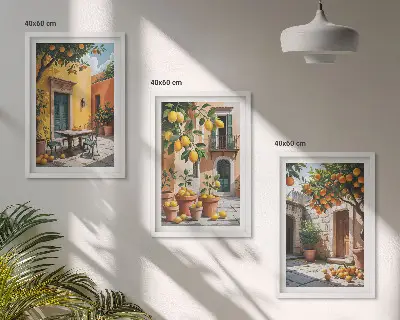 Set de 3 cuadros para salón con diseño de frutas cítricas en el jardín