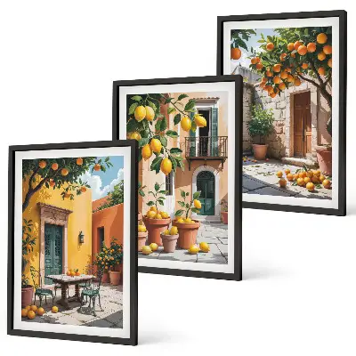 Set de 3 cuadros para salón con diseño de frutas cítricas en el jardín