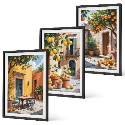 Set de 3 cuadros para salón Frutas cítricas en el jardín