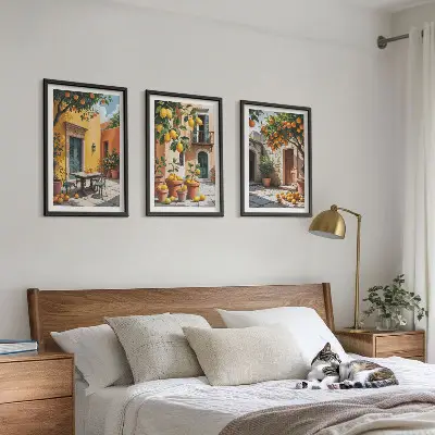 Set de 3 cuadros para salón con diseño de frutas cítricas en el jardín