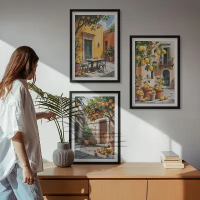 Set de 3 cuadros para salón con diseño de frutas cítricas en el jardín