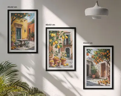 Set de 3 cuadros para salón con diseño de frutas cítricas en el jardín