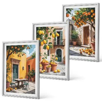 Set de 3 cuadros para salón con diseño de frutas cítricas en el jardín