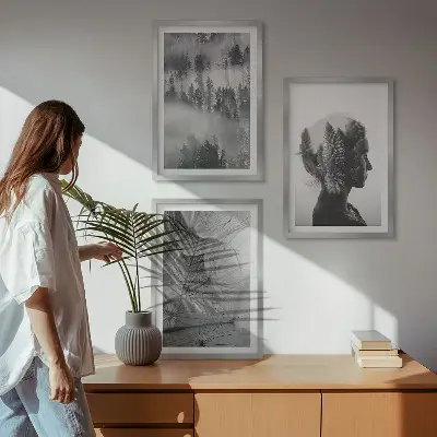 Juego de 3 cuadros retrato de bosque con niebla, árbol y diente de león