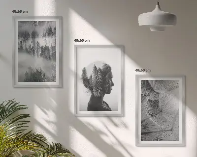 Juego de 3 cuadros retrato de bosque con niebla, árbol y diente de león