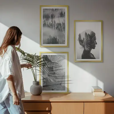 Juego de 3 cuadros retrato de bosque con niebla, árbol y diente de león